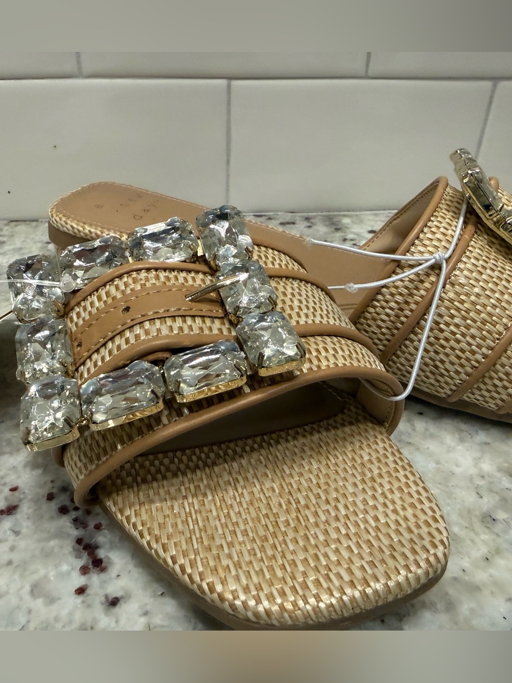a new day Kelsey Tan Straw Look Slide Sandals with Crystal Buckles Size 7 - NIB - Picture 8 of 13
